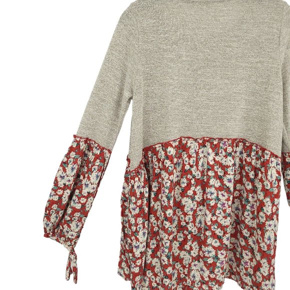 Easel Long Sleeve Knit Floral Tunic Top Womens Size Small Tie Sleeves Gray Red - Picture 9 of 13